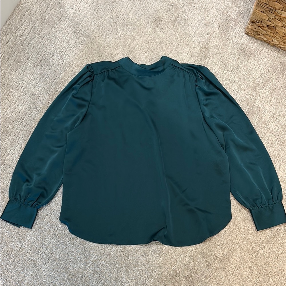 LOFT Green Satin Long-Sleeve Blouse